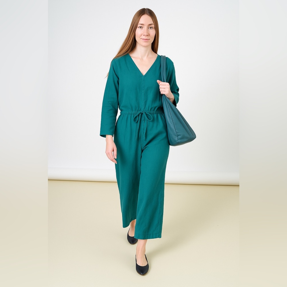 Bryn Walker Linen Blue Team Cinched Waist Crop Wide Leg Jumpsuit Small